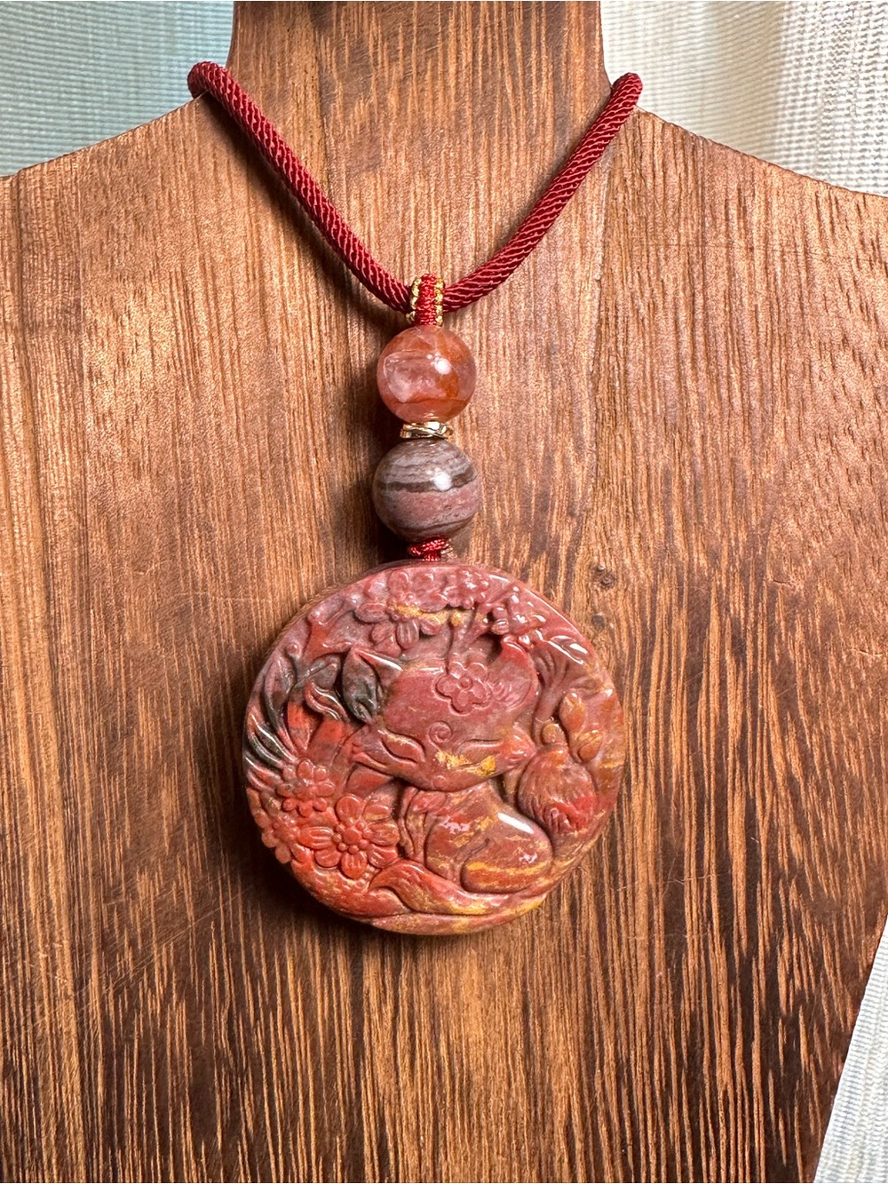 Maroon Ocean Jasper Fox Pendant Necklace with Amethyst on Adjustable Rope - Picture 10 of 13
